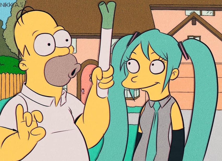 hatsune miku and homer simpson (vocaloid and 1 more) drawn by nikkiaart