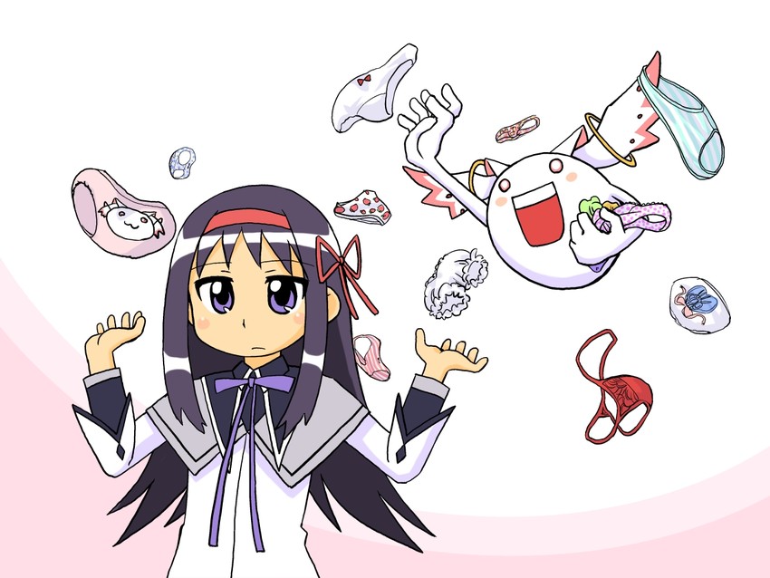 akemi homura, kyubey, oktavia von seckendorff, and onsokumaru (mahou shoujo madoka magica and 1 more) drawn by kawasha