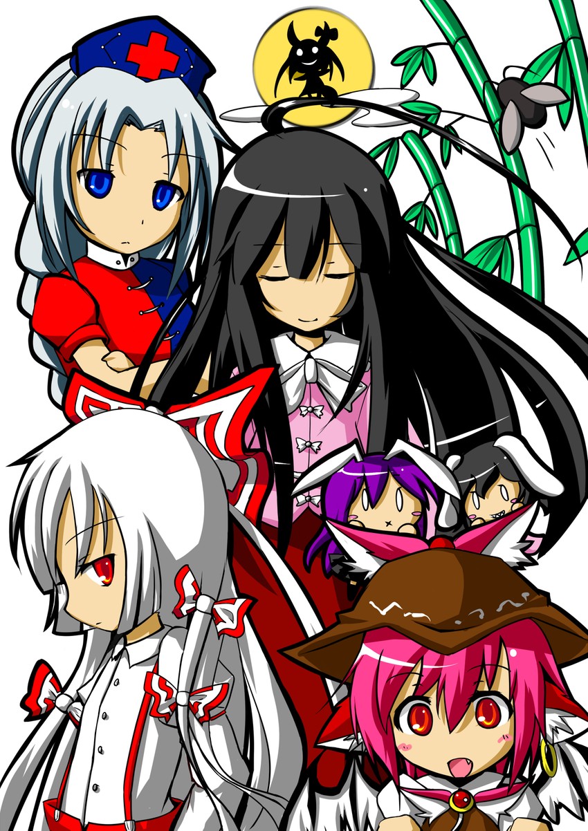 reisen udongein inaba, fujiwara no mokou, kamishirasawa keine, houraisan kaguya, mystia lorelei, and 4 more (touhou and 1 more) drawn by giwa