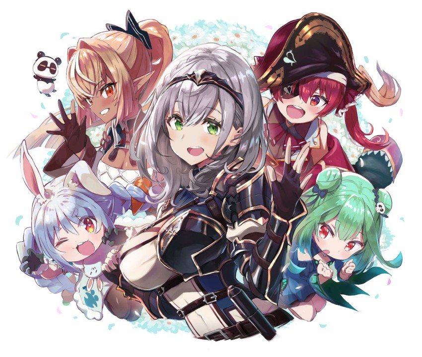 houshou marine, usada pekora, shirogane noel, uruha rushia, shiranui flare, and 2 more (hololive) drawn by inoki-08