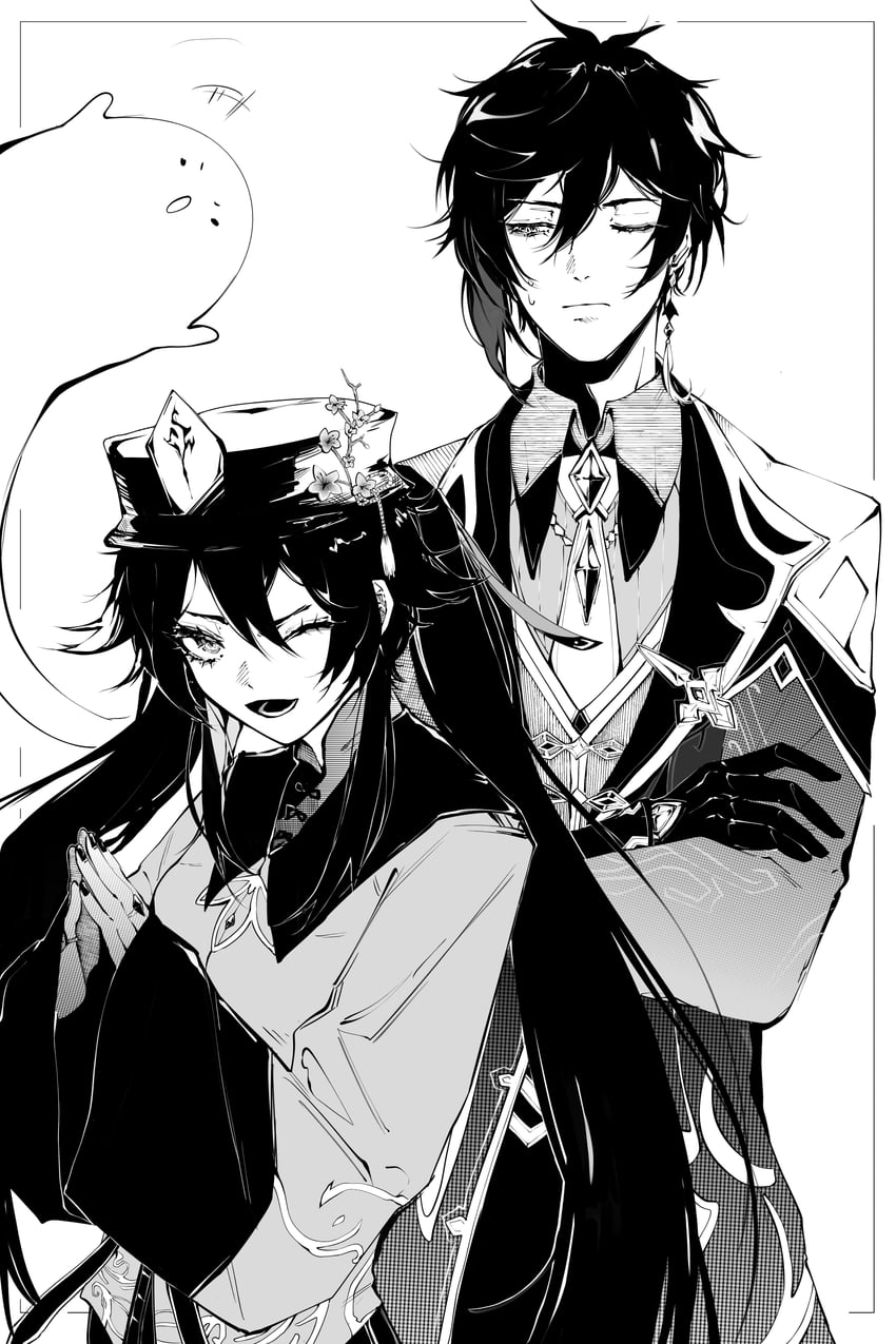 hu tao, zhongli, and boo tao (genshin impact) drawn by pogorabbit