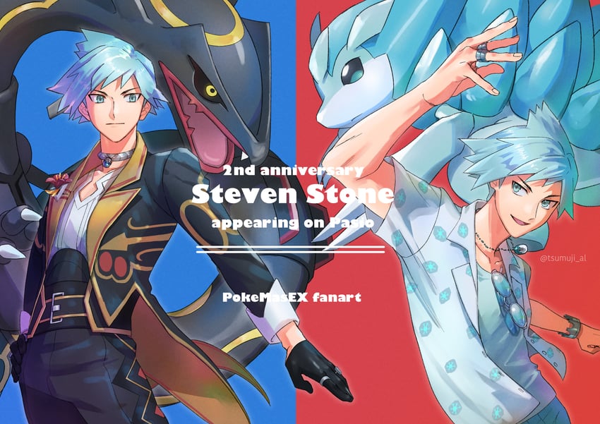 steven stone, rayquaza, and alolan sandslash (pokemon and 1 more) drawn by aihysa