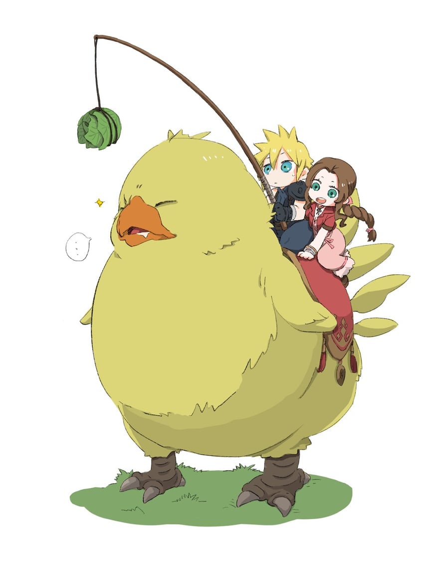 cloud strife, aerith gainsborough, and fat chocobo (final fantasy and 2 more) drawn by ringon