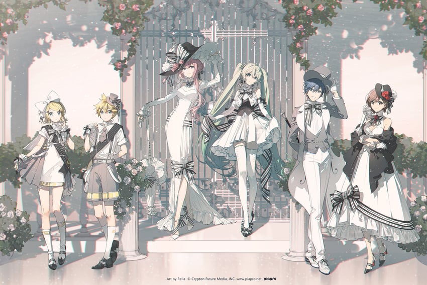 hatsune miku, kagamine rin, kagamine len, megurine luka, kaito, and 1 more (vocaloid and 1 more) drawn by rella
