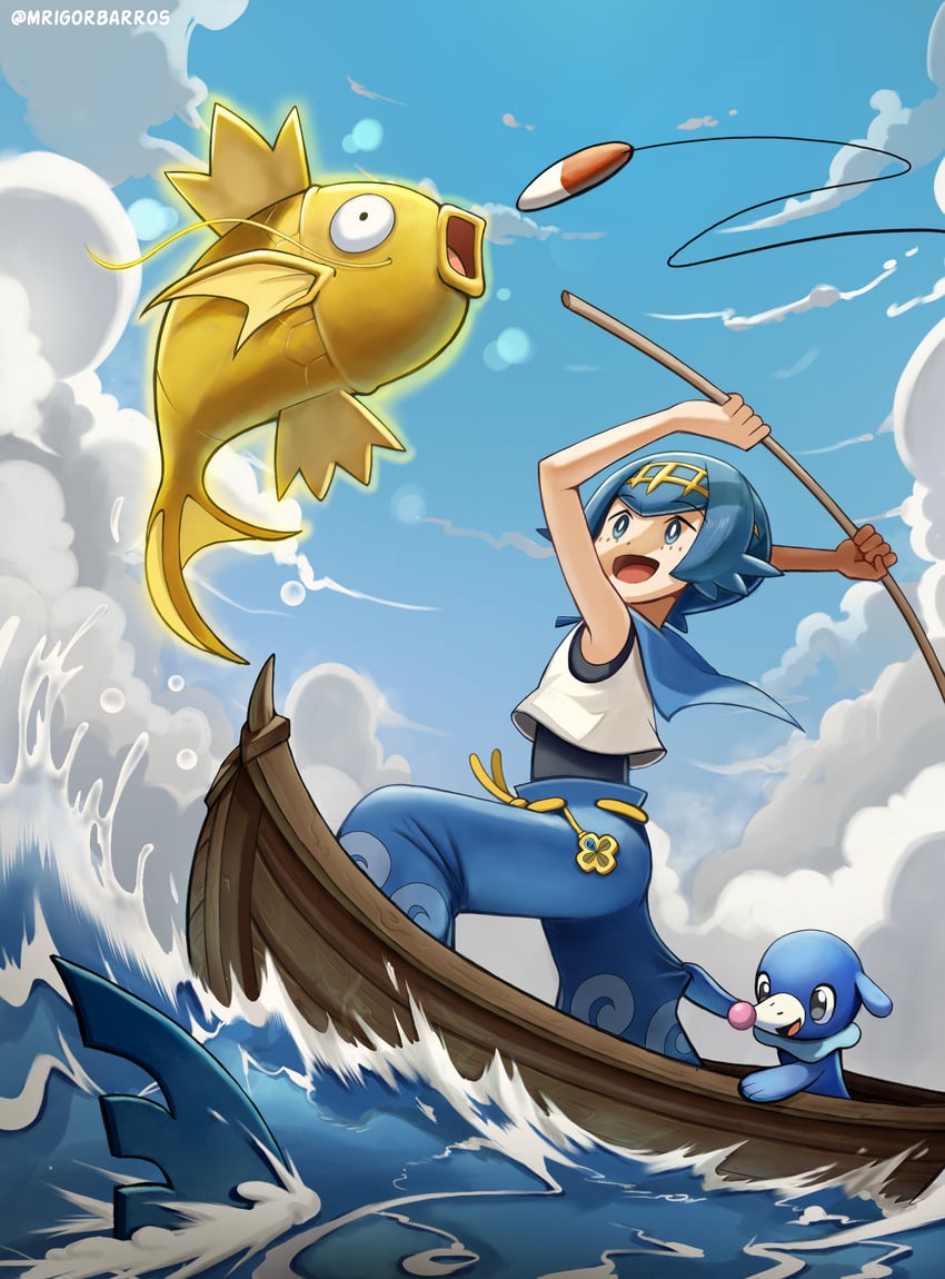 lana, popplio, magikarp, and sharpedo (pokemon and 1 more) drawn by mr.thunderigor