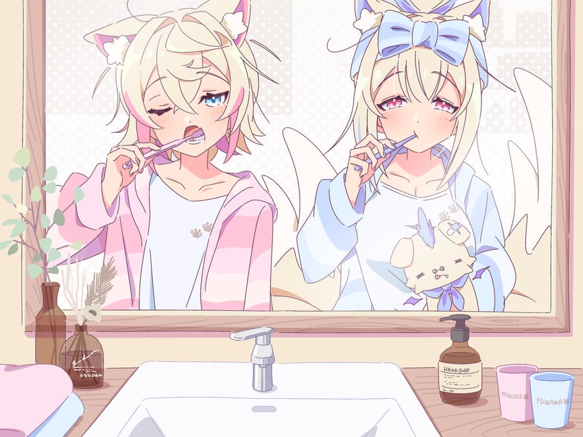 fuwawa abyssgard, mococo abyssgard, and ruffian (hololive and 1 more) drawn by hinata_hirune