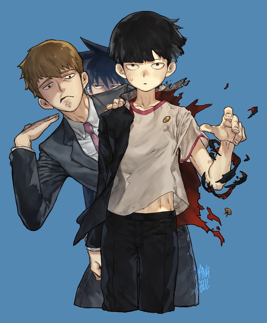 kageyama shigeo, reigen arataka, and kageyama ritsu (mob psycho 100) drawn by leeis_cool
