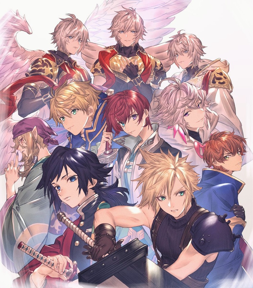 cloud strife, merlin, kururugi suzaku, arthur pendragon, tomioka giyuu, and 6 more (fate and 11 more) drawn by sachico66