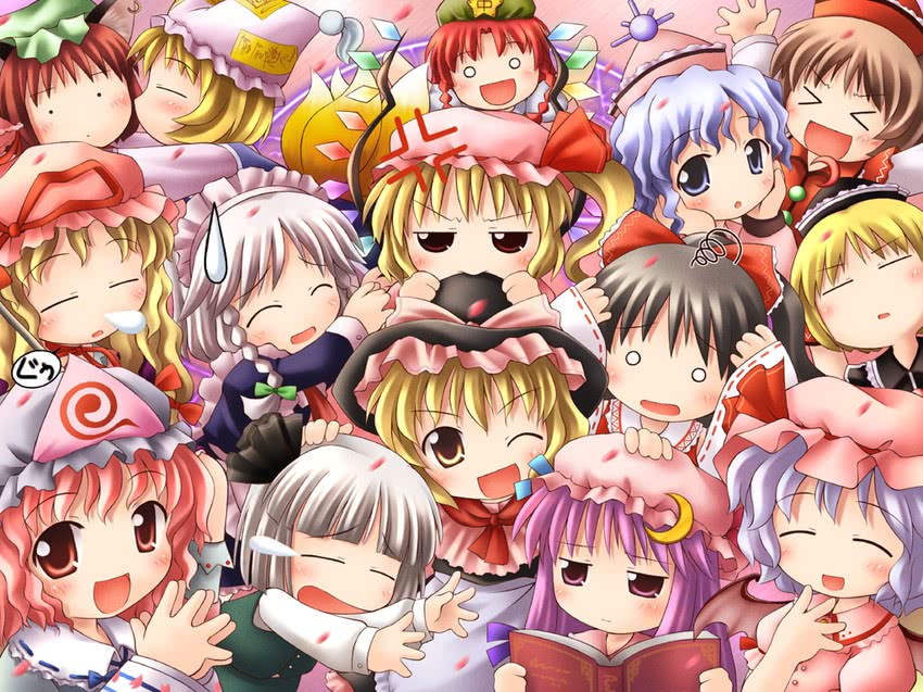 hakurei reimu, kirisame marisa, remilia scarlet, flandre scarlet, izayoi sakuya, and 10 more (touhou) drawn by kurasawa_makoto