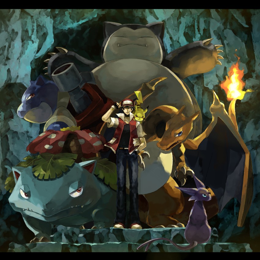 pikachu, red, charizard, espeon, snorlax, and 2 more (pokemon and 2 more) drawn by usao_(313131)