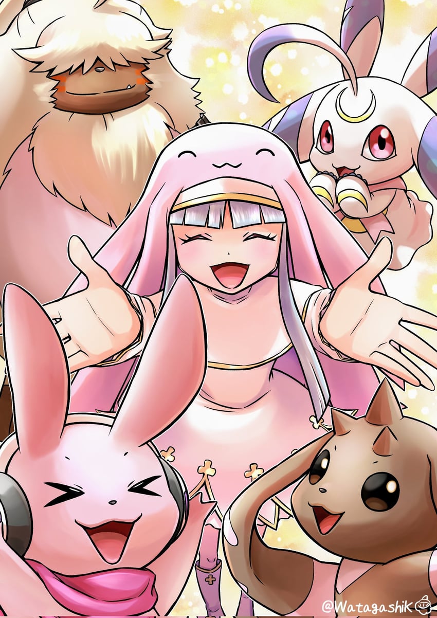 lopmon, lunamon, sistermon blanc, angoramon, and cutemon (digimon) drawn by watagashikn