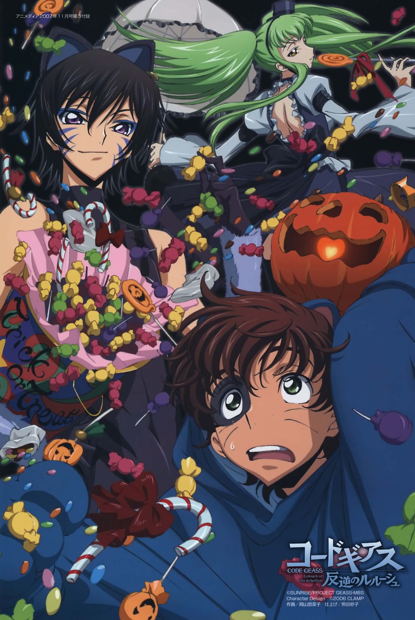 c.c., lelouch vi britannia, and kururugi suzaku (code geass)