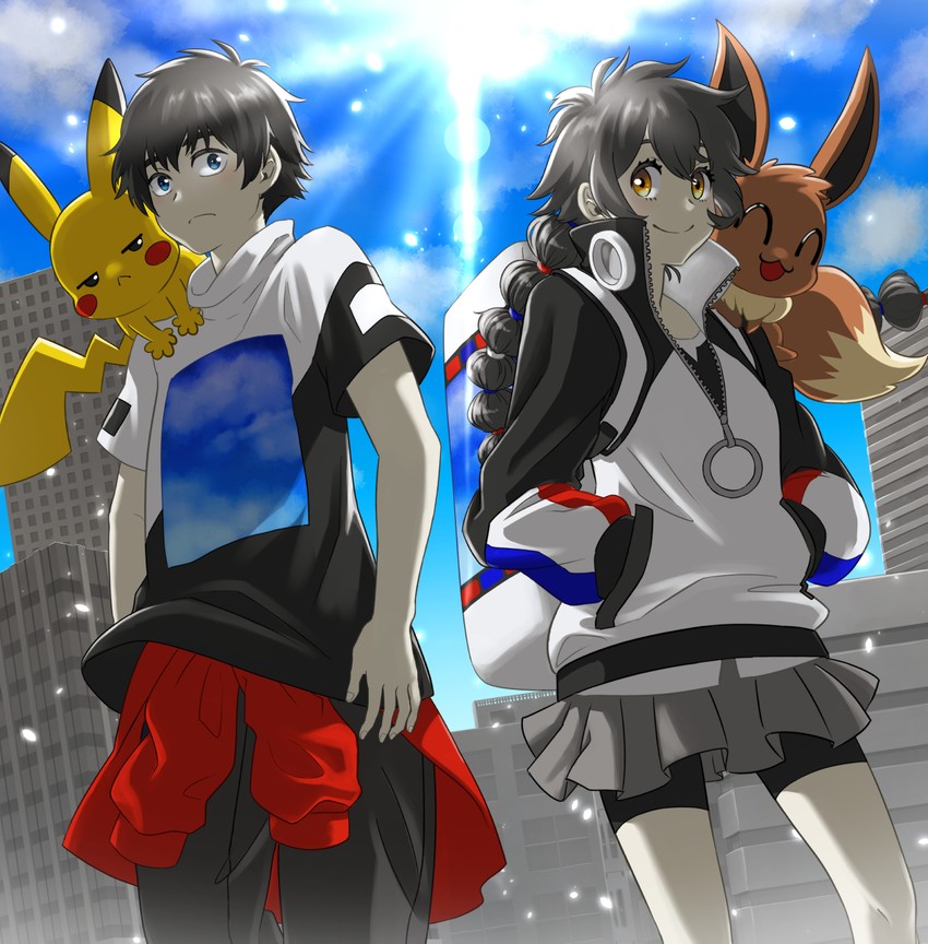 pikachu, eevee, gotcha! girl, and gotcha! boy (pokemon and 1 more) drawn by ria_(mari1101)