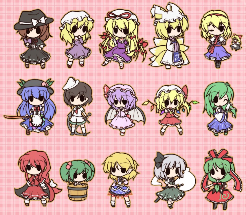 remilia scarlet, flandre scarlet, kochiya sanae, konpaku youmu, alice margatroid, and 11 more (touhou) drawn by fushigi_ebi