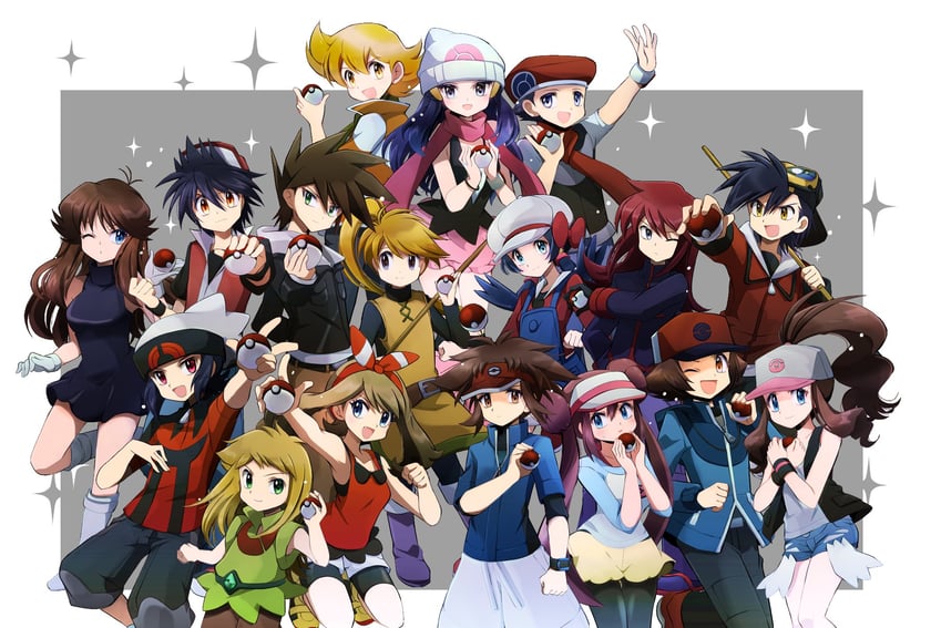 dawn, may, rosa, hilda, red, and 12 more (pokemon and 1 more) drawn by ayateaori
