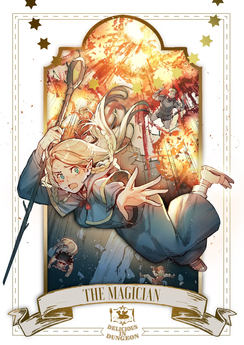 marcille donato, laios touden, senshi, and chilchuck tims (dungeon meshi) drawn by mebaru