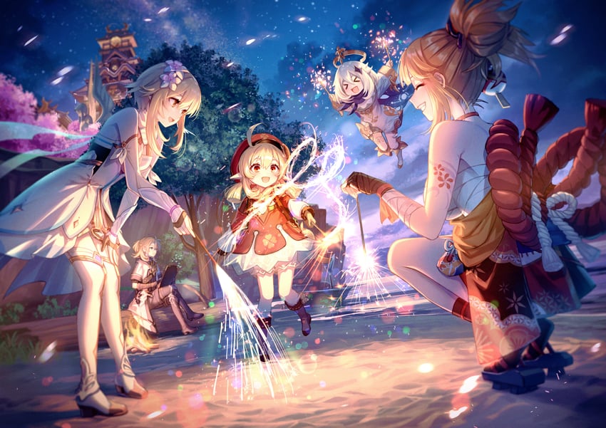 lumine, paimon, klee, yoimiya, dodoco, and 1 more (genshin impact) drawn by maica_sunahara