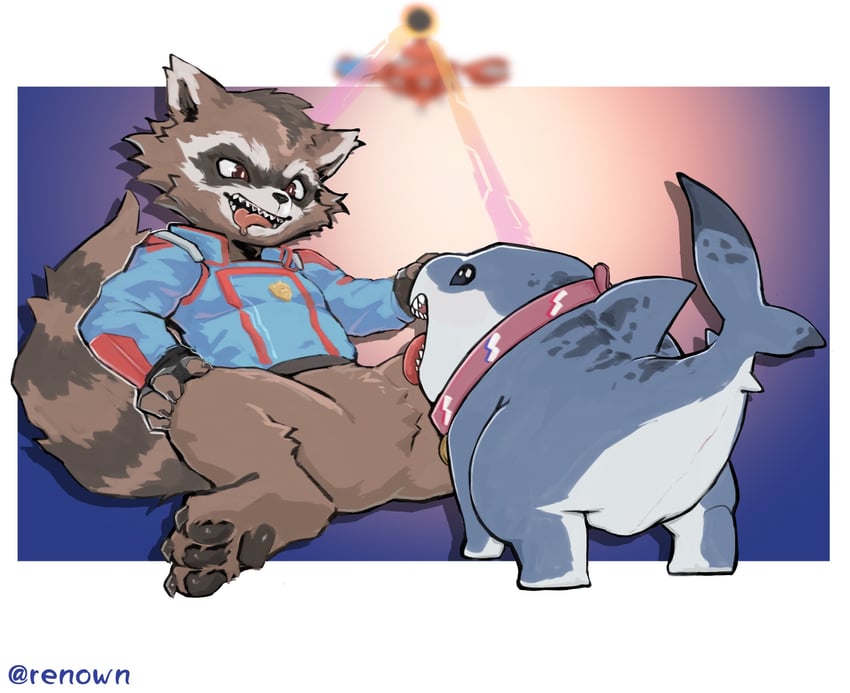 rocket raccoon and jeff the land shark (marvel and 4 more) drawn by renown354