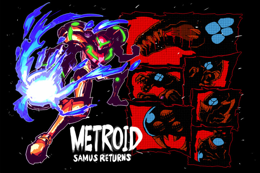 samus aran, metroid, metroid larva, zeta metroid, queen metroid, and 3 more (metroid and 1 more) drawn by rariatto_(ganguri)