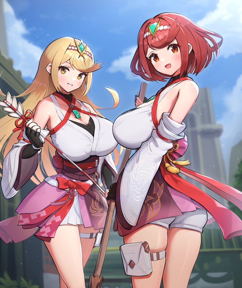 pyra, mythra, and glimmer (xenoblade chronicles and 3 more) drawn by gonzarez