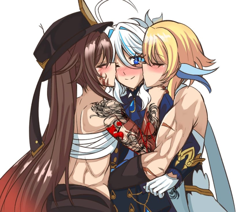 lumine, hu tao, and furina (genshin impact) drawn by yukiart_83