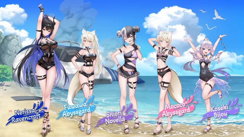shiori novella, nerissa ravencroft, fuwawa abyssgard, mococo abyssgard, and koseki bijou (hololive and 1 more) drawn by shuvi_(shuvi1125)