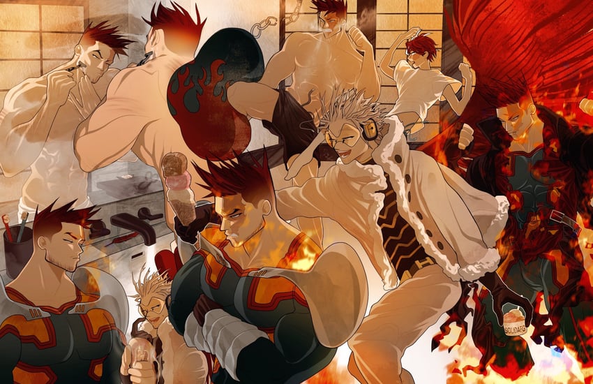 todoroki shoto, endeavor, and hawks (boku no hero academia) drawn by solidafg