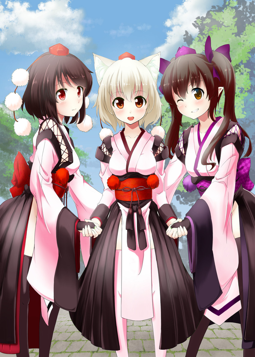 shameimaru aya, inubashiri momiji, and himekaidou hatate (touhou) drawn by aino-san_(miximixi39)