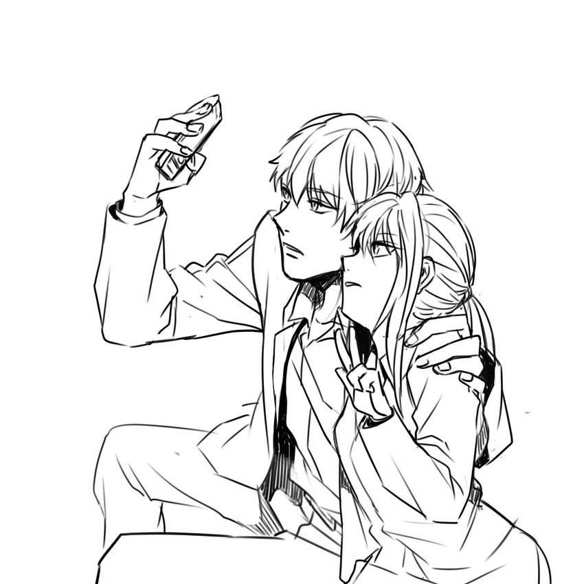 artoria pendragon, saber, and gilgamesh (fate and 2 more) drawn by jisue10