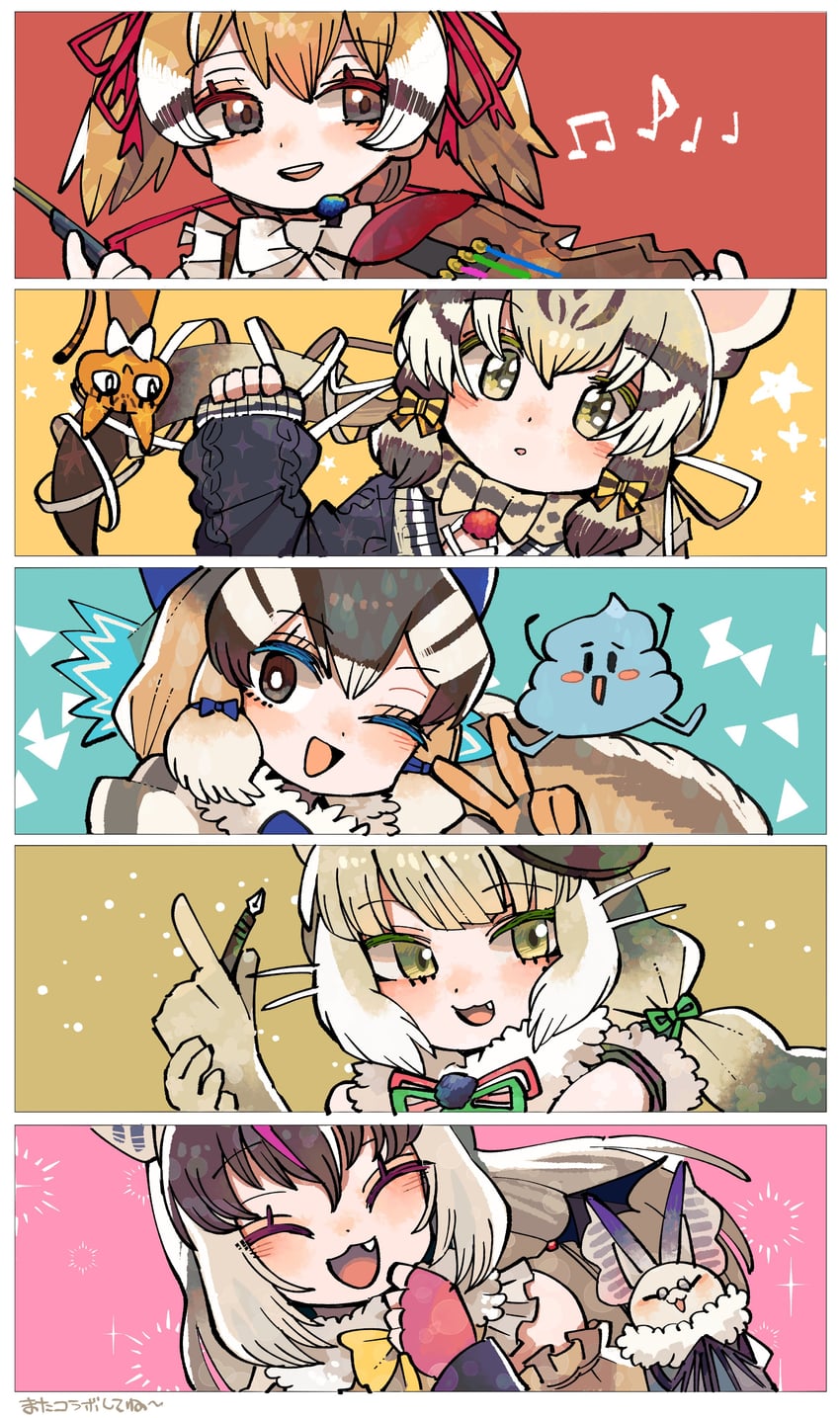 brown long-eared bat, siberian chipmunk, jungle cat, geoffroy's cat, large-spotted genet, and 1 more (kemono friends and 1 more) drawn by kanmoku-san