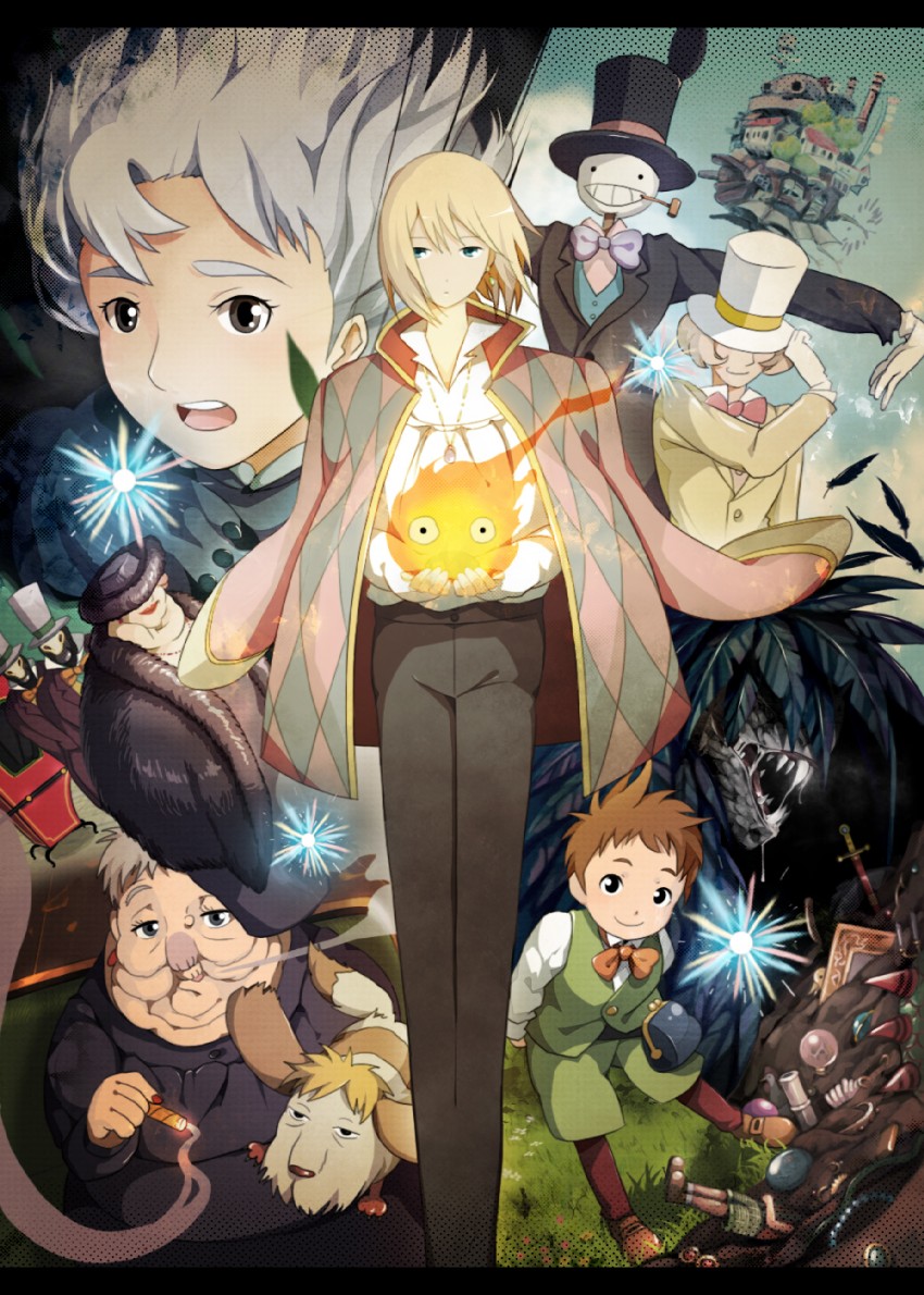 howl pendragon, sophie hatter, calcifer, markl, heen, and 4 more (howl no ugoku shiro) drawn by treize_(mauve)
