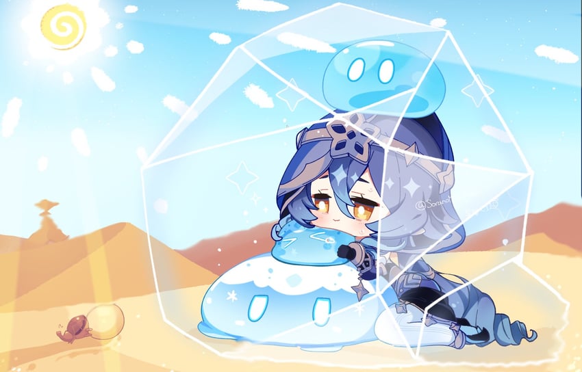 slime, layla, hydro slime, and cryo slime (genshin impact) drawn by hoshiusagi_no_chloe