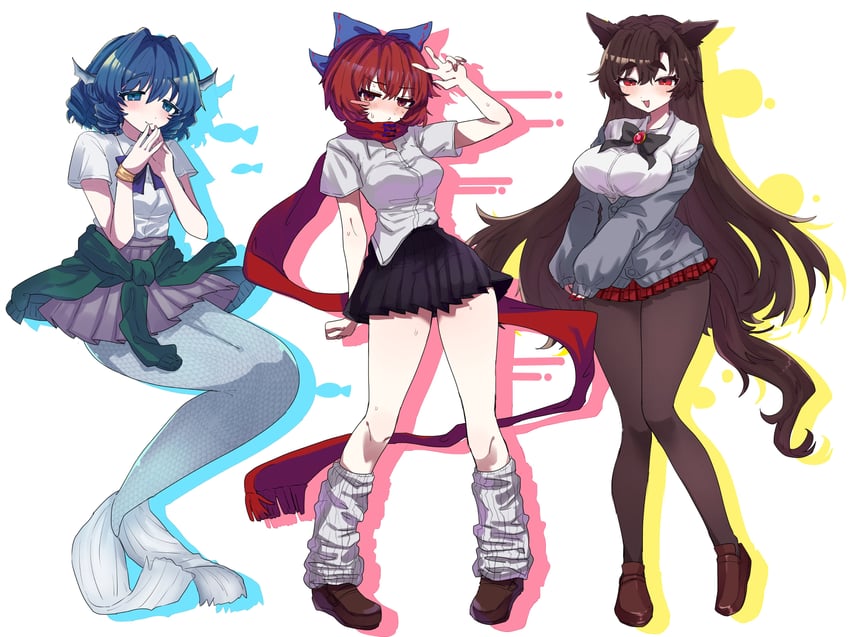imaizumi kagerou, sekibanki, and wakasagihime (touhou) drawn by oyatu_yatu