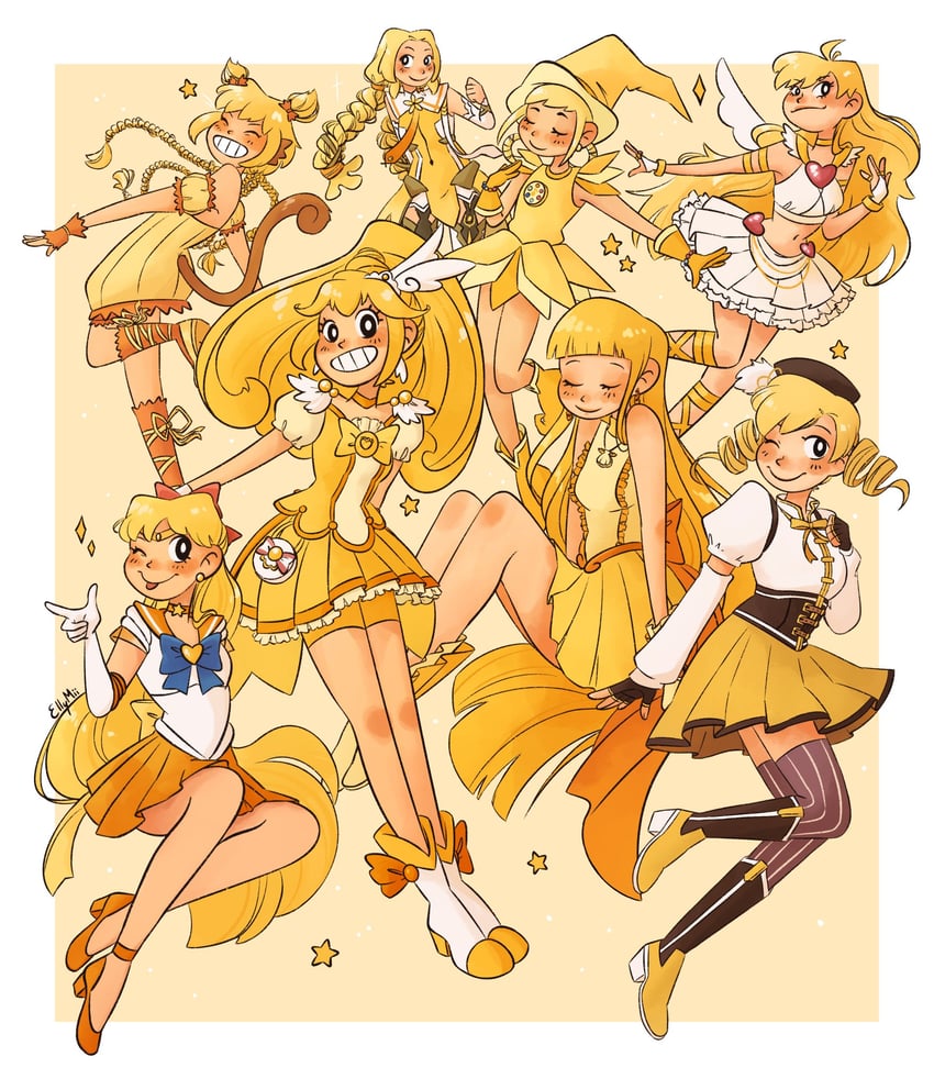 tomoe mami, kise yayoi, panty, aino minako, cure peace, and 7 more (mahou shoujo madoka magica and 10 more) drawn by elly_mii
