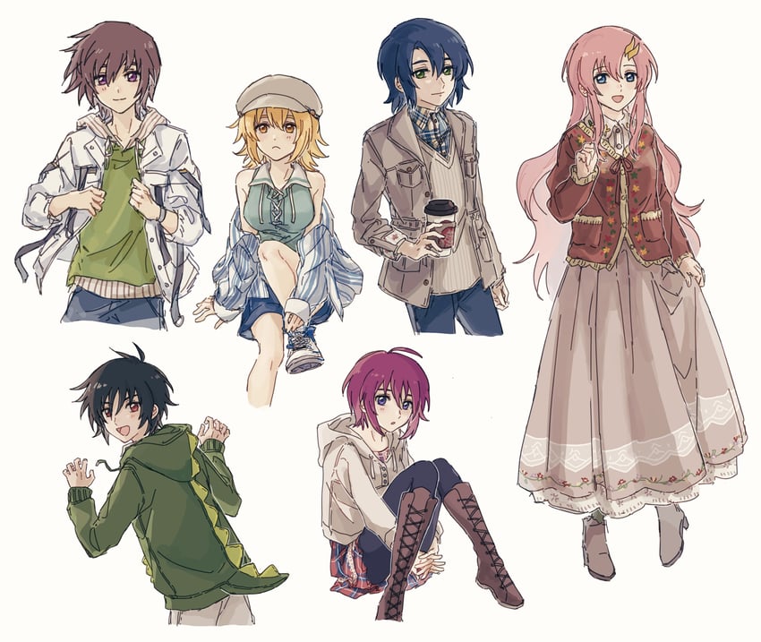 cagalli yula athha, athrun zala, lacus clyne, lunamaria hawke, kira yamato, and 1 more (gundam and 3 more) drawn by shiro_kunugi