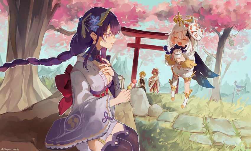 raiden shogun, aether, yae miko, and paimon (genshin impact) drawn by 8ch110