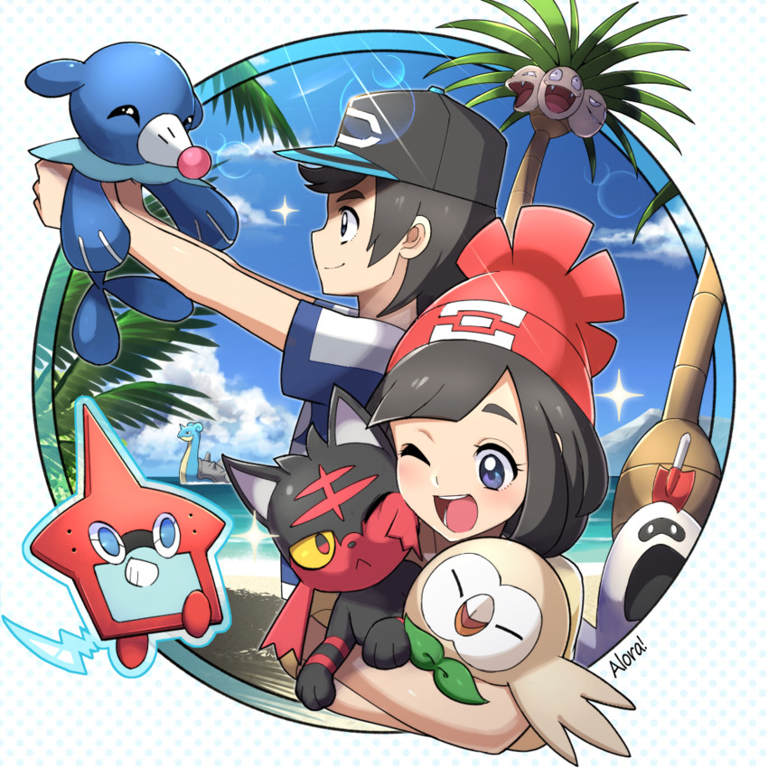 selene, rotom, rowlet, elio, popplio, and 5 more (pokemon and 1 more) drawn by naokado