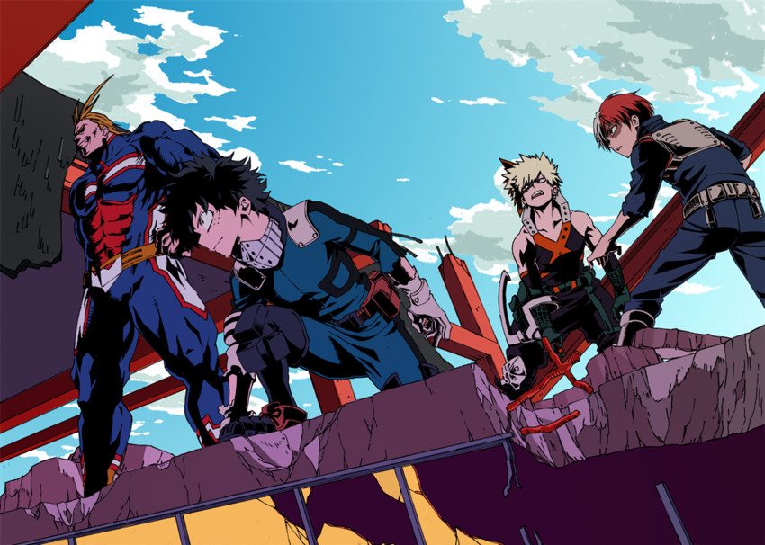 midoriya izuku, bakugou katsuki, todoroki shoto, and all might (boku no hero academia) drawn by shirikon