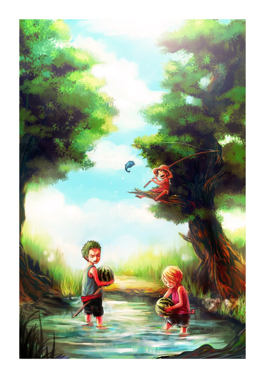 monkey d. luffy, roronoa zoro, and sanji (one piece) drawn by tsuyomaru