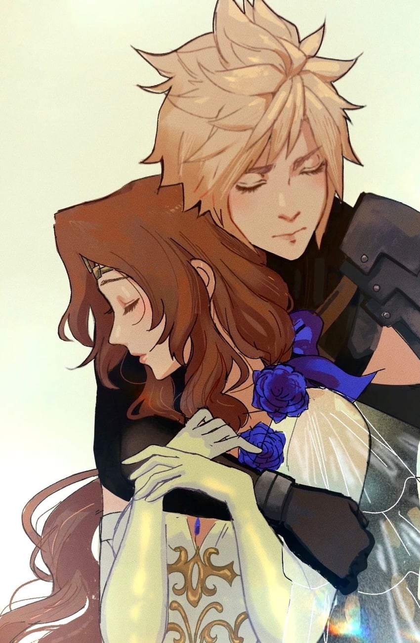 cloud strife and aerith gainsborough (final fantasy and 3 more) drawn by softp3ach