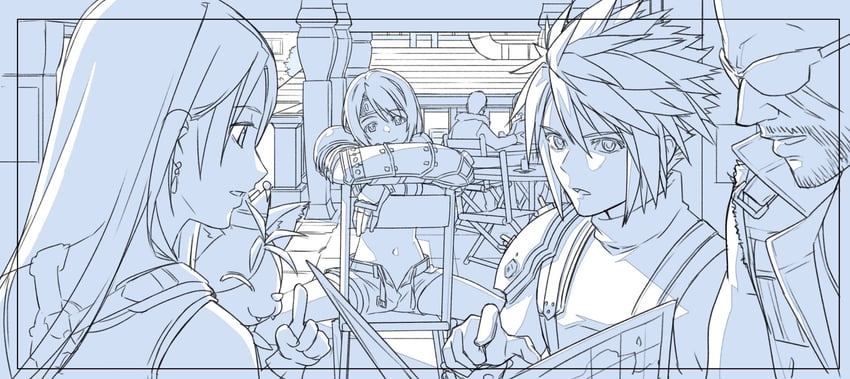 tifa lockhart, cloud strife, yuffie kisaragi, barret wallace, and cait sith (final fantasy and 3 more) drawn by decoponmagi