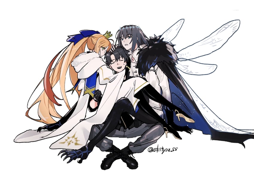 artoria pendragon, fujimaru ritsuka, artoria caster, and oberon (fate and 1 more) drawn by eiki_(eikityou_55)