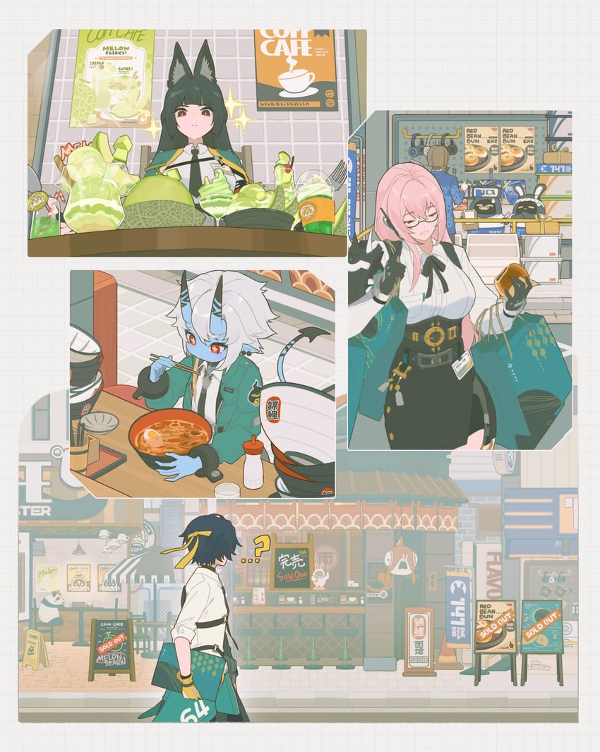 hoshimi miyabi, tsukishiro yanagi, soukaku, and asaba harumasa (zenless zone zero) drawn by ri_eul_fd