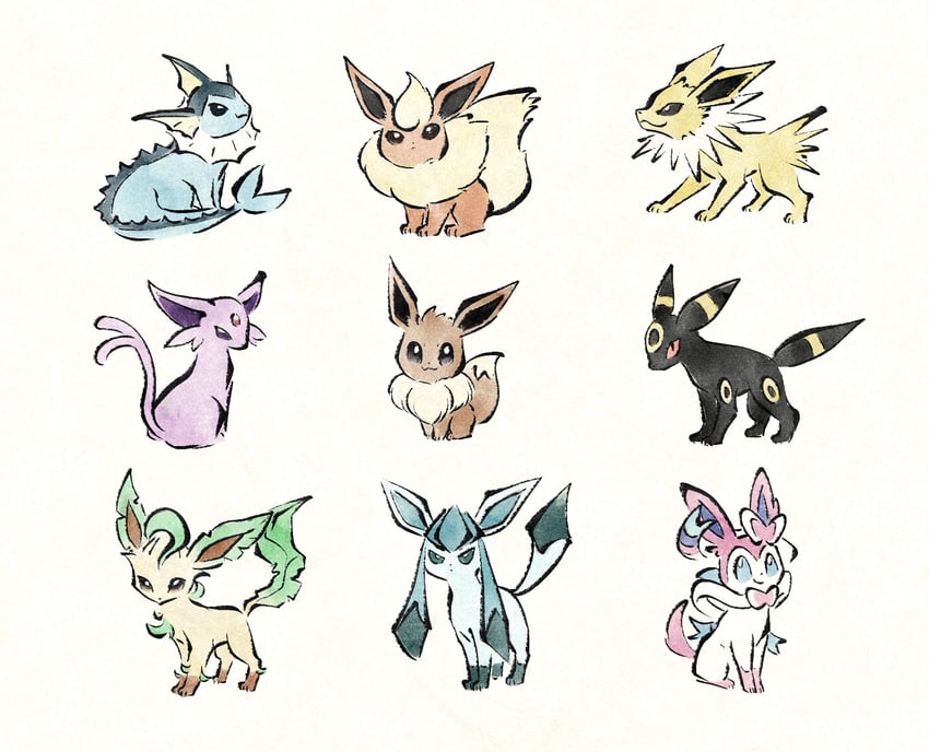 eevee, sylveon, umbreon, glaceon, vaporeon, and 4 more (pokemon) drawn by metikyun
