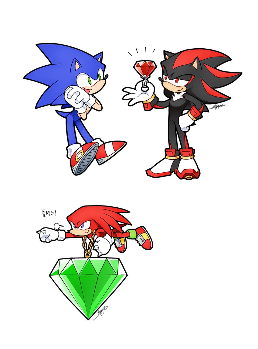 sonic the hedgehog, shadow the hedgehog, and knuckles the echidna (sonic) drawn by sloth_g_ya