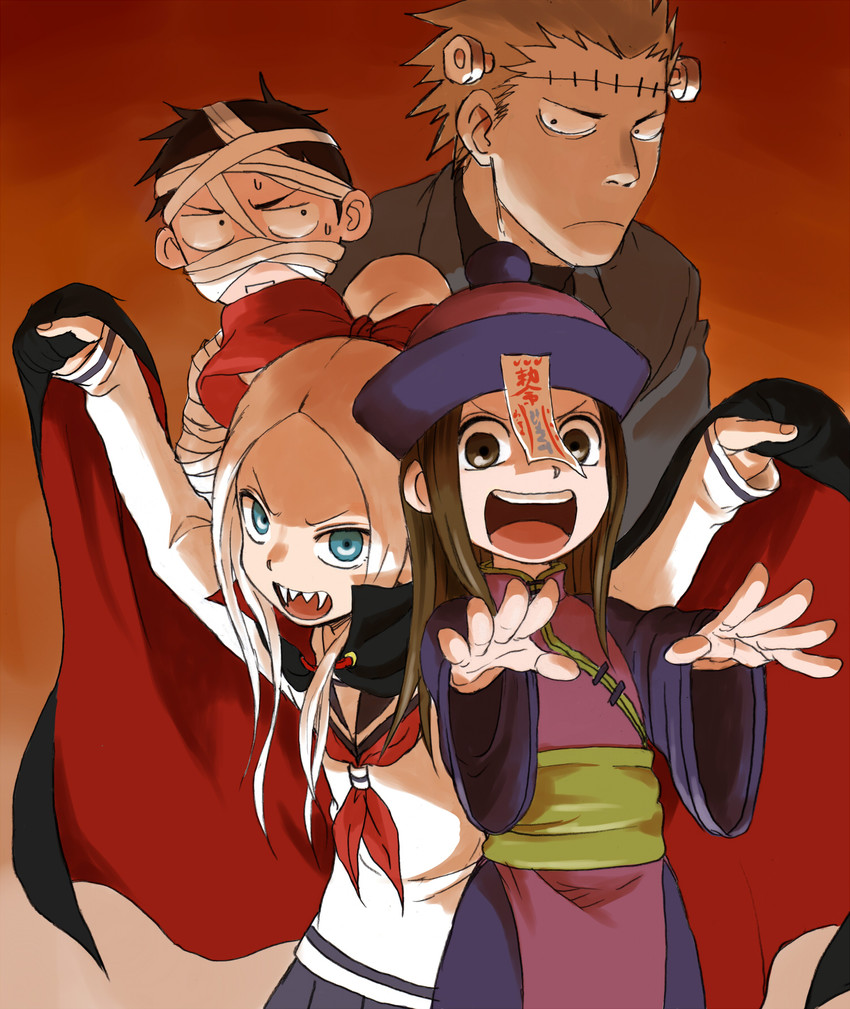 takagi-san, frankenstein's monster, nishikata, fudatsuki kyouko, and fudatsuki kenji (karakai jouzu no takagi-san and 1 more) drawn by yamamoto_souichirou