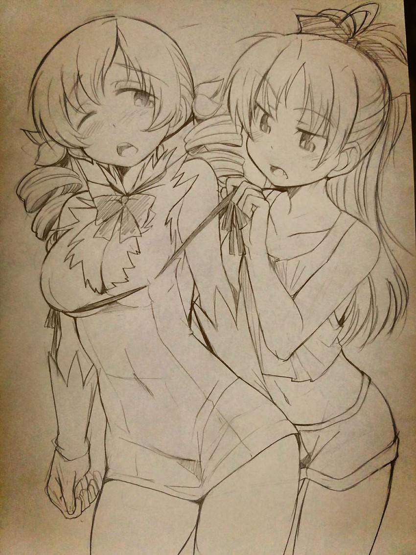 sakura kyoko, tomoe mami, and hestia (mahou shoujo madoka magica and 1 more) drawn by takeshisu