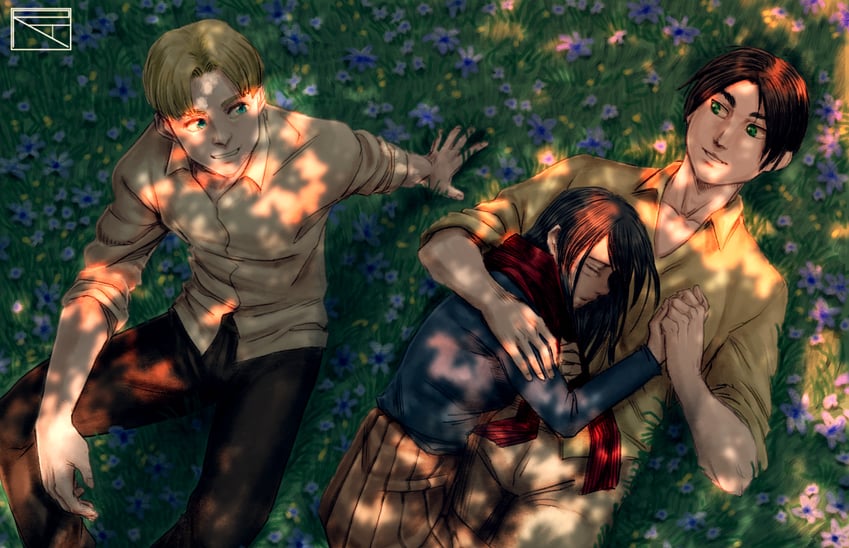 mikasa ackerman, eren yeager, and armin arlert (shingeki no kyojin) drawn by reverse_tension