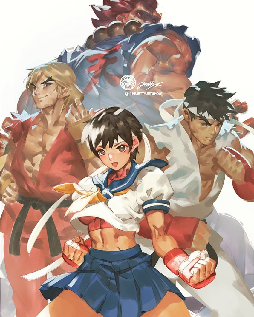 ryu, kasugano sakura, ken masters, and akuma (street fighter and 1 more) drawn by jet_kimchrea