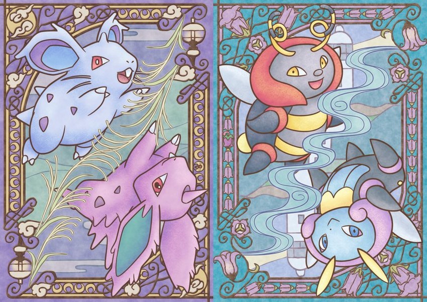 nidoran, volbeat, and illumise (pokemon) drawn by mijinko_(barabadge)